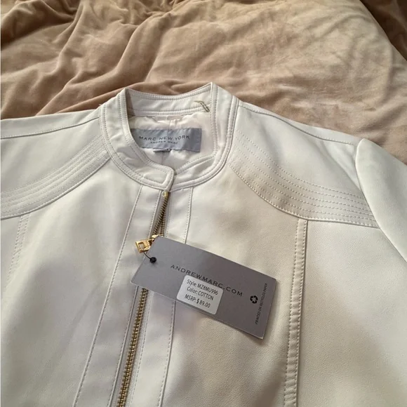Andrew Marc New York Women's Cream Vegan Leather Jacket with Gold Zippers XL - Picture 3 of 8